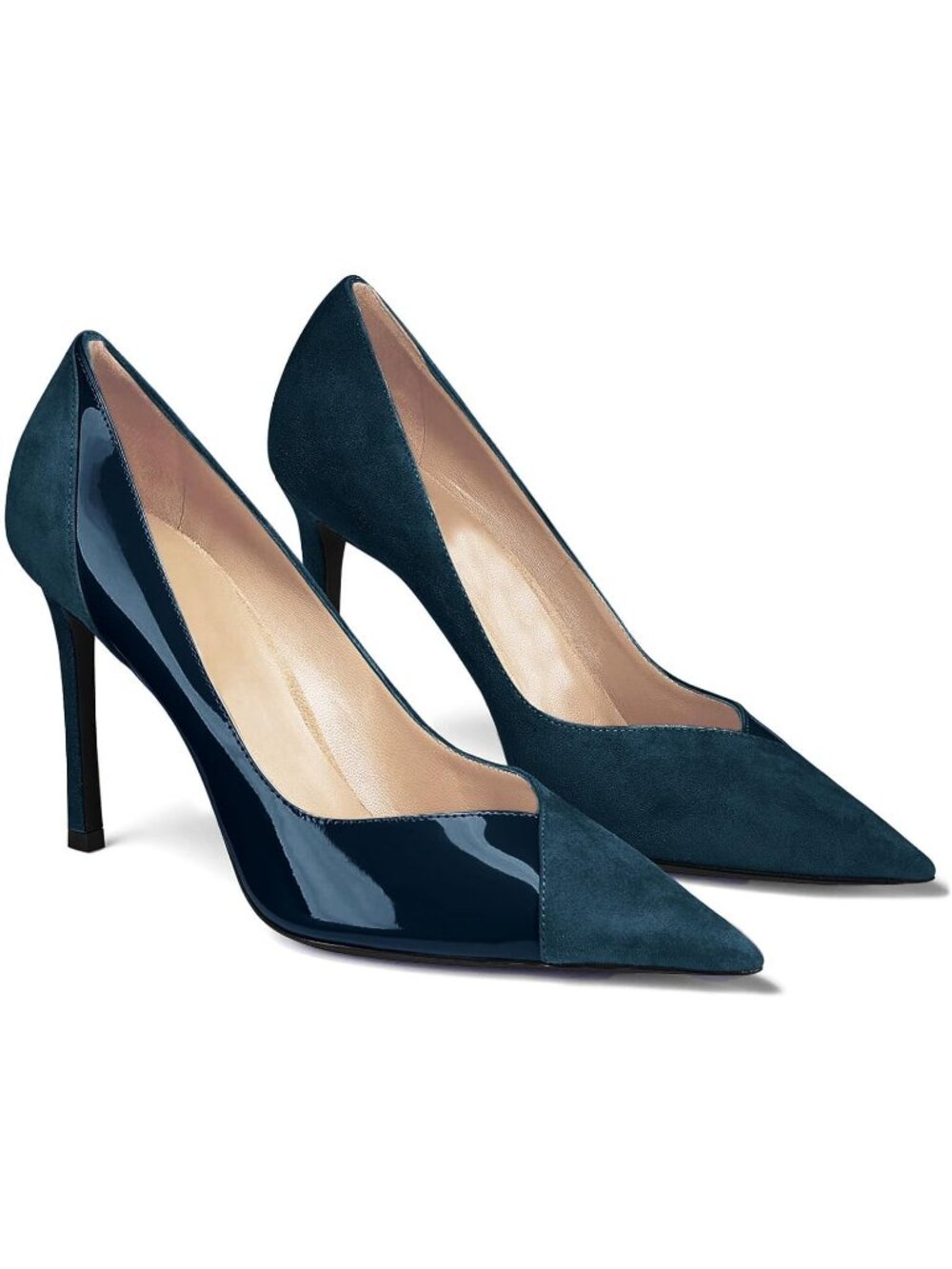Women's Navy Pointed Toe High Heels Pumps Patent Suede Stiletto Heel Slip On